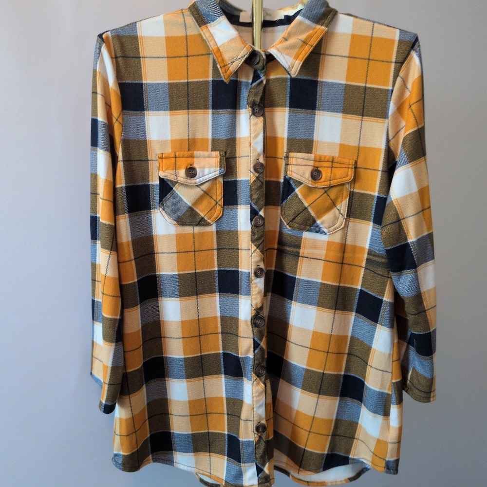 Eden & Olivia Plaid Button Down Women Large‎ Yellow Black Roll Tab Fall Flannel
